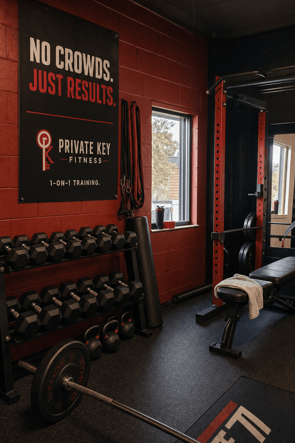 Private Key Fitness realistic flyer-style social media post with warm red branding, one-on-one training studio in Brandon FL serving Tampa Bay, no crowds messaging