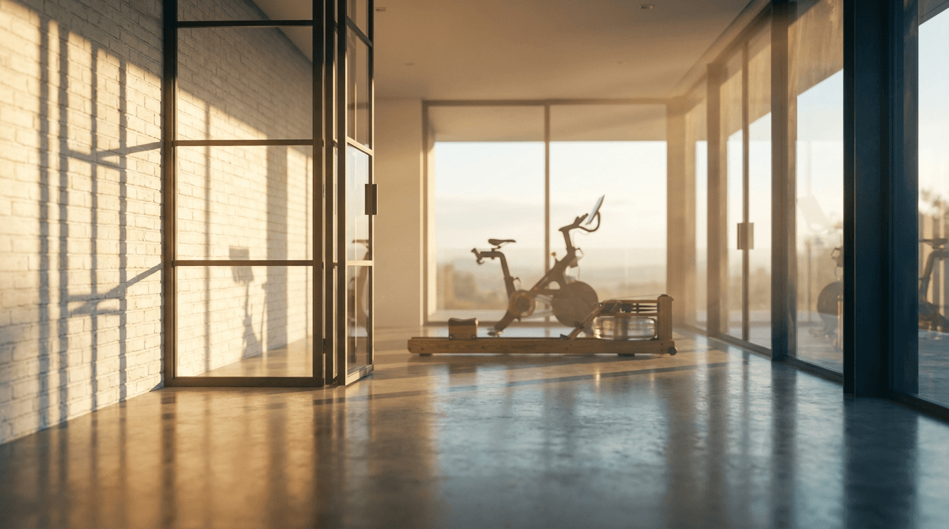 A clean, quiet personal training studio with dumbbells and a mat, sunlight streaming in through the window