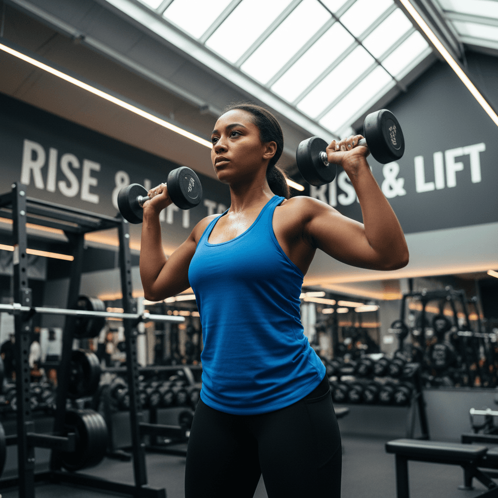 Female athlete performing dumbbell shoulder press with focused form in bright, modern gym setting