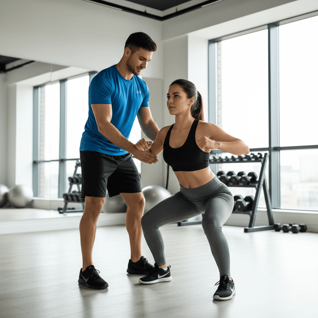 Personal trainer sitting with a client in a private studio, reviewing a workout plan together