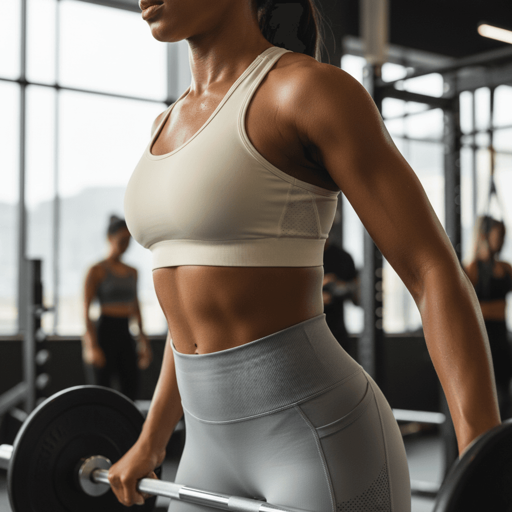 Female athlete in fitted performance activewear during weightlifting, showcasing quality construction and functional design