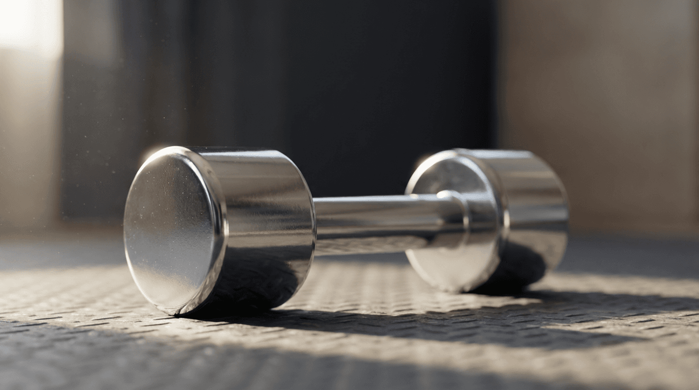 Polished chrome dumbbell on textured rubber gym mat with soft lighting and blurred background