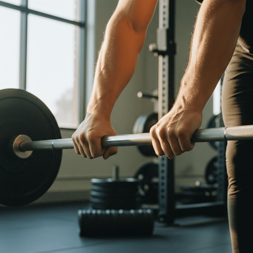 Trainer adjusts safety pin on squat rack